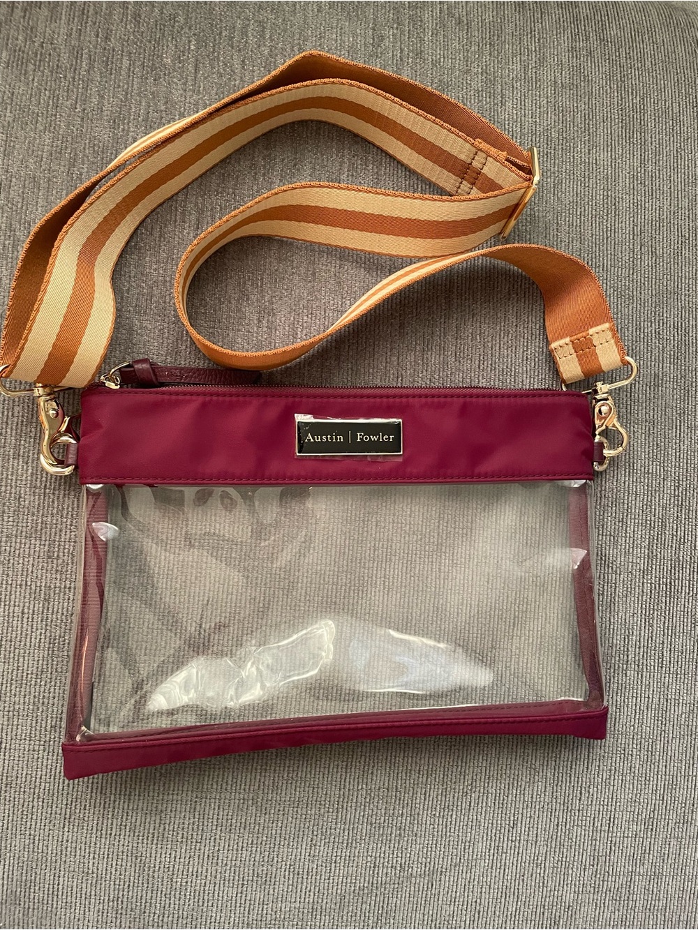 Austin / Flower Burgundy Clear Crossbody Bag with Striped Tan Strap